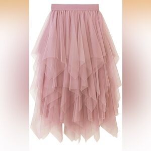 2026! OSFM Whimsy Tulle Asymmetrical Midi Skirt in Pink